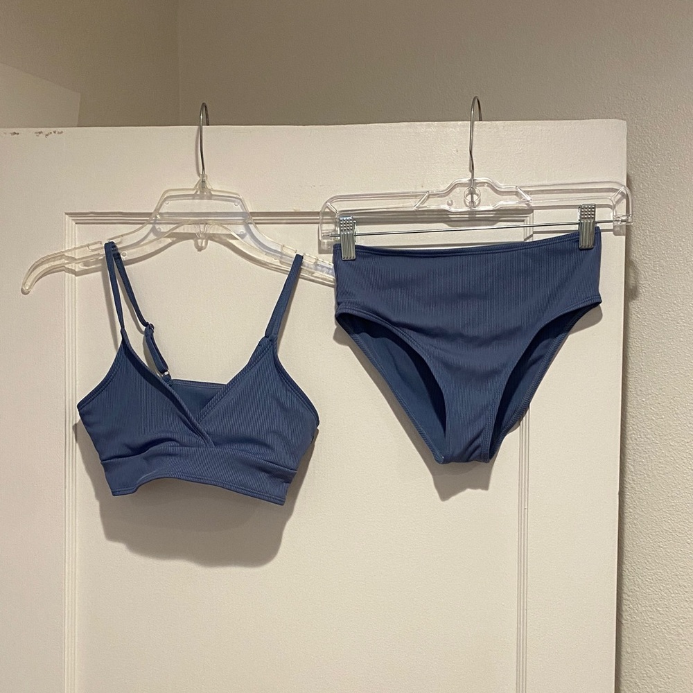 Blue Two-Piece Bikini Set - Ribbed Bralette Top & High Waist Bottoms